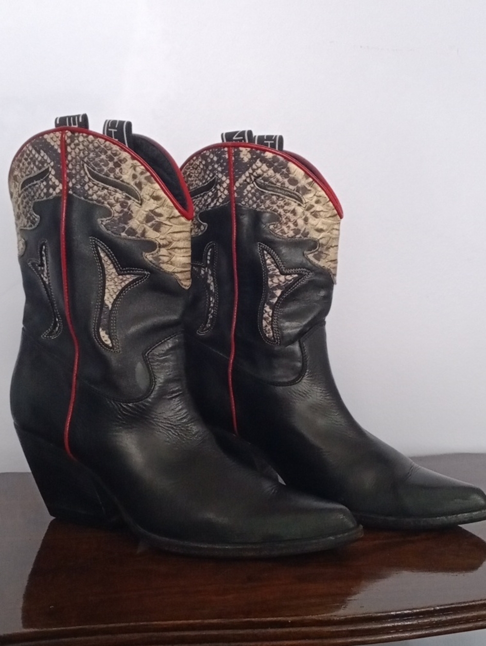 Black Leather Western Heeled Boots with Cream Snake-Print and Red Piping